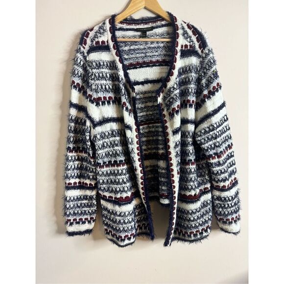 Lane Bryant Open Front Cardigan Sweater-Eyelash Knit-Ivory Blue Burgundy-Size 26 - Picture 1 of 6